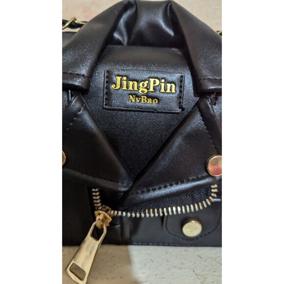 JingPin NvBao Black Faux Leather Biker Jacket Style shoulder Bag Chain Strap - Picture 7 of 11